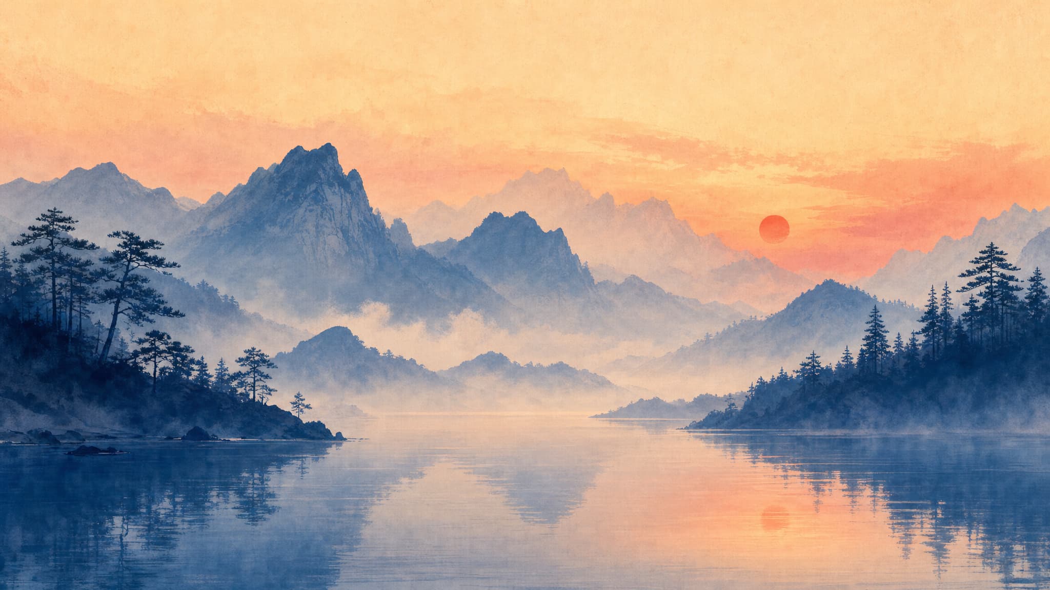 日出山水水墨背景